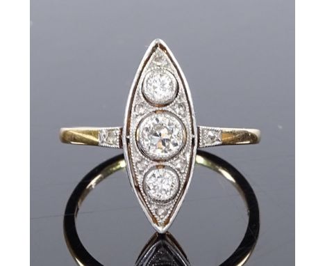 A 14ct gold Art Deco style diamond cluster marquise panel ring, central diamond approx 0.2ct, panel height 17.7mm, size L, 2.