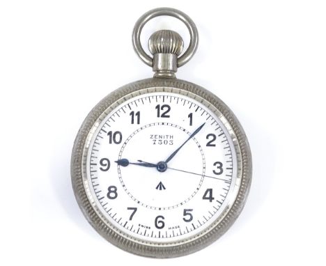 ZENITH - a Royal Navy steel-cased open-face top-wind Deck pocket watch, white enamel dial with Arabic numerals and British br