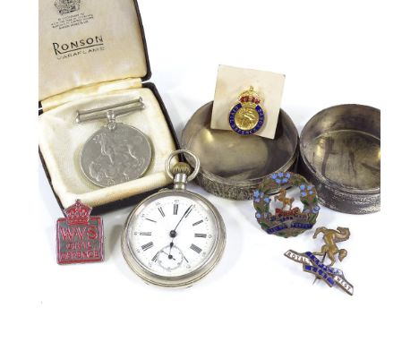 A mixed group of items, including nickel plate pocket watch, enamel badges, Second War Period General Service medal etc 