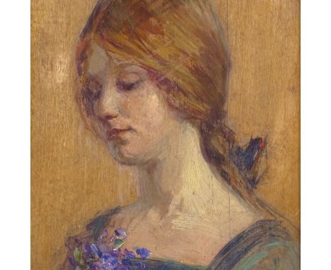 19th century oil on panel, pre-Raphaelite style portrait of a woman, signed with monogram, 8" x 6.5", framed 