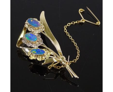 A 10ct gold black opal floral spray brooch, brooch length 53.8mm, 5.4g 