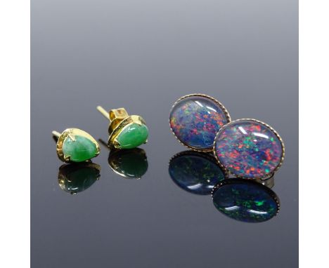 A pair of 9ct gold opal doublet earrings, earring height 10.7mm, together with a pair of 9ct jade earrings, earring height 7.