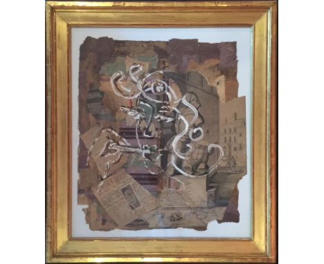 French School, collage consisting of old newspapers, paper cut outs etc, with gouache paint depicting a head portrait of a fe