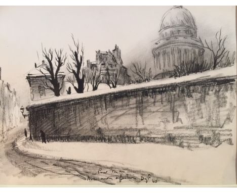 Marcel Dyf (French 1899-1985), signed &amp; dated 1940, Parisian street scene, pencil and pen on paper, image is 24.5cm x 32c