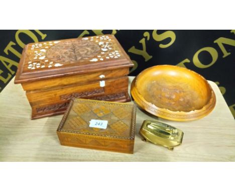 CARVED & INLAID JEWELLERY BOX , LIGHTER , FRUIT BOWL & BOX