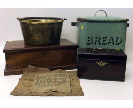 Collection of items to include brass jam pan, oak box, mahogany tea caddy, enamel bread bin, also two samplers 1829, 1819. Co