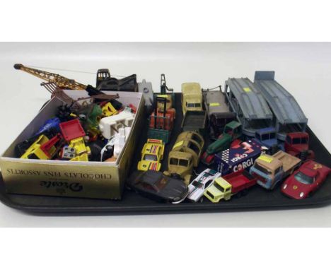Dinky 'Foden' lorry, Bedford bin lorry, two Pullmore car transporters, fork lift, 20 ton crane, Corgi, Ferrari, Berlinetta, J