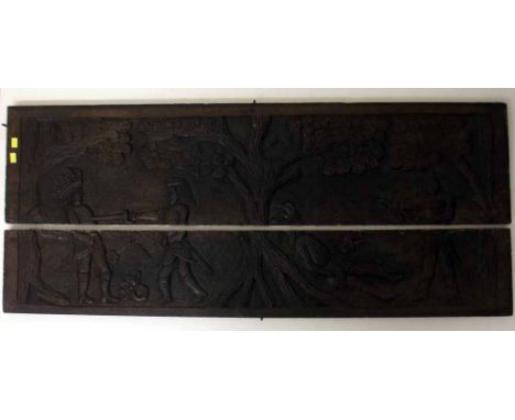 Carved oak panel of American fighting Indians with swords. Condition report: see terms and conditions