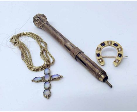 Gold horseshoe brooch, gilt propelling pencil,moonstone cross on chain. Condition report: see terms and conditions