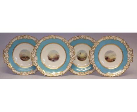 Four Graingers Worcester twin handled dishes circa 1850   painted with landscapes within sky blue borders, printed marks to b