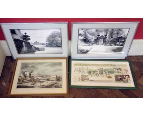 Three framed sporting prints, Widdicombe fair print and two monochrome photos of Castle Howard. Condition report: see terms a