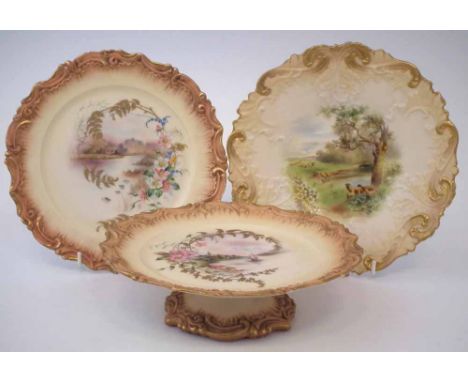 Locke and Co. Worcester plate and comport and one other similar Grainger plate,   painted with landscapes within moulded bord