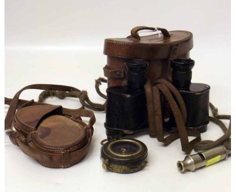 1901 army whistle by Walton, 1917 sighting compass in leather case, number 3 prismatic binoculars MKII, 1916 by Kershaw & Son