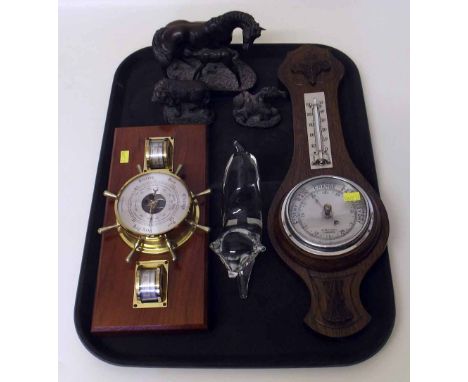 Glass Swedish Ronneby cat, three resin figures, aneroid barometer (2) etc. Condition report: see terms and conditions