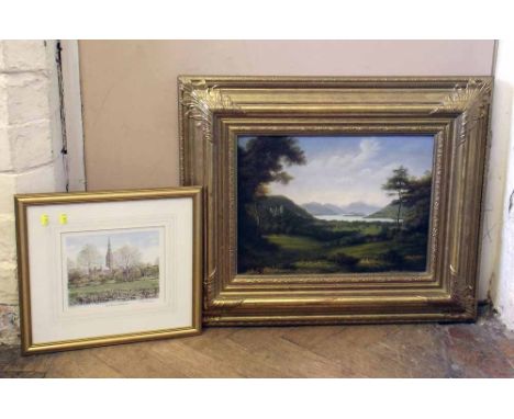 Oil on board 20th century reproduction of a 19th century landscape, also a signed print of Salisbury Cathedral. Condition rep