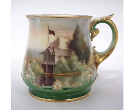 Royal Worcester 'Worcester Rowing Club' tankard   dated 1907, painted with a boat house and printed with coat of arms, Hadley