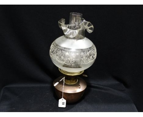 A Copper Oil Lamp Reservoir With Glass Chimney And Etched Shade