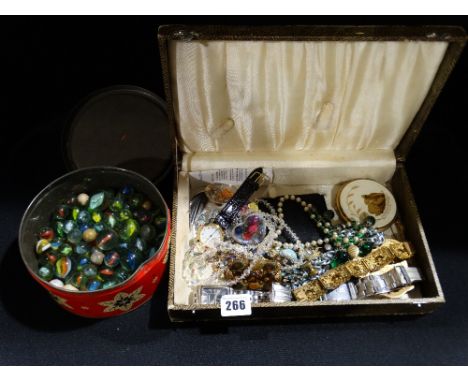 A Box Of Costume Jewellery Together With A Tin Box Of Vintage Glass Marbles