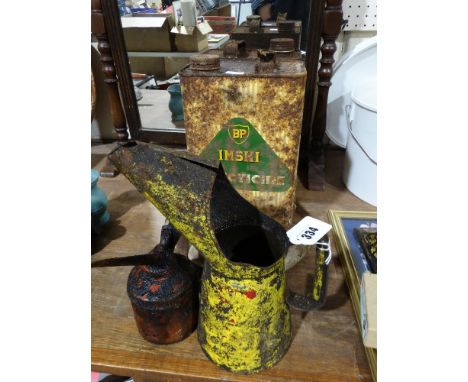 Two Vintage Fuel Cans Together With A Shell Oil Can Etc