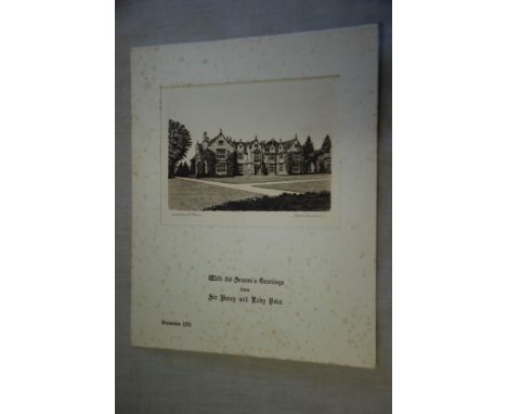 With the season's greetings from Sir Henry and Lady Price, A wood cut print of Wakehurst Palace by Neil Cameron. Titles and s