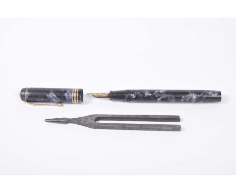 A 14k gold nib fountain penWith blue marbled case, together with, a tuning fork (2)