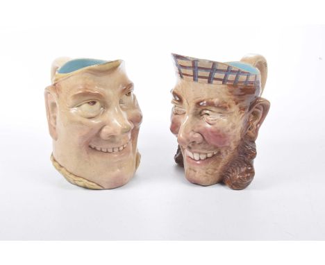 Two French Sarreguemines Character JugsEach of relief moulded ovoid form detailed with a characters face picked out in polych