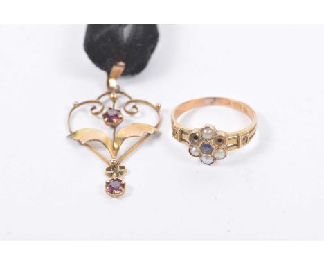 A seed pearl and sapphire cluster ringAF, hallmarks worn, together with, an early 20th century gem-set pendant, stampd 9ct to