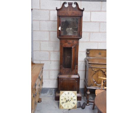 A late George III oak and mahogany cross banded 8 day longcase clock by A Merger, NantwichThe hood with a twin swan neck pedi