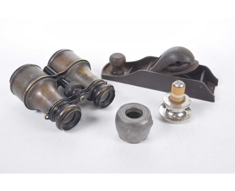 A pair of early 20th Century binocularsTogether with a woodworking plane, a chinese pewter inkwell. (3)