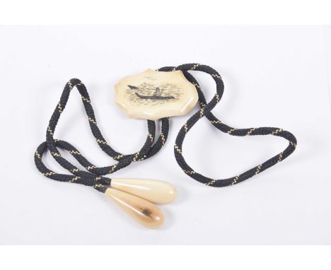 A carved marine bone negliee necklaceThe central panel with a seascape carving, to metallic and black cord and marine bone dr