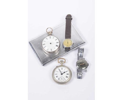 A Cimier chronograph wristwatchAF, together with, a white metal pocket watch, AF, a base metal pocket watch, a base metal wri