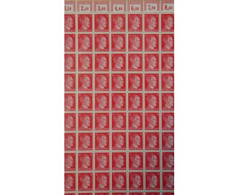 A gilt framed and glazed sheet of eighty unused Third Reich postage stamps, bearing portrait of Hitler, 12 pfennigs. H.43 W.3