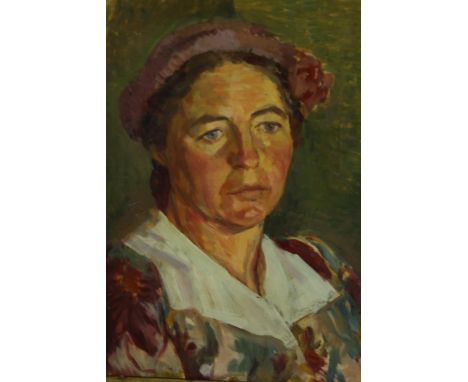 A gilt framed oil on board portrait of a woman in a pink beret, unsigned. H.66 W.50cm. 