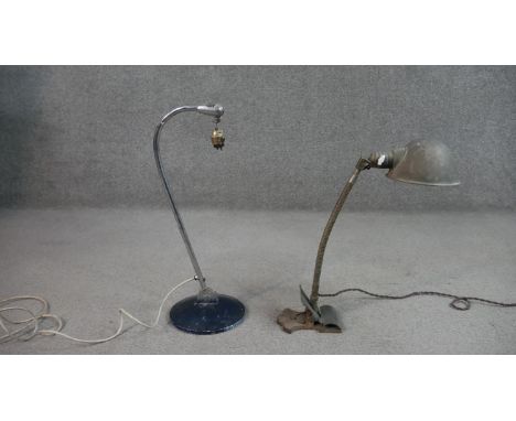 Two vintage lights. A Bestlight desk lamp with adjustable chrome arm set on a heavy round base. (no shade) along with a clip-
