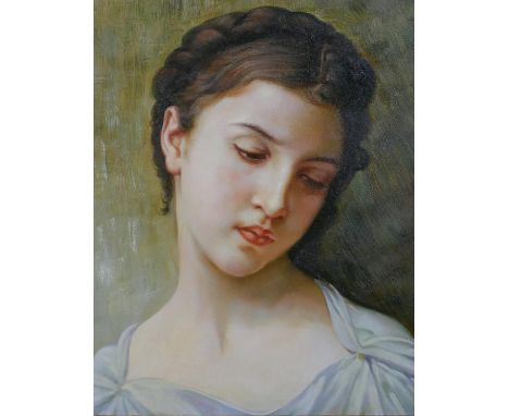 A gilt framed oil on canvas portrait of a young woman with plaited hair. H.69 W.57cm. 