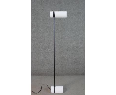 Thorn Lighting, Germany, a circa 1980s EMI uplighter lamp, with a white half cylinder shade and base, joined by black tubular