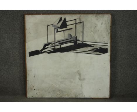 Keith Milow, 1945, abstract black and white architectural form, oil on board, signed K. Milow verso. H.93 W.93cm. (largest) 