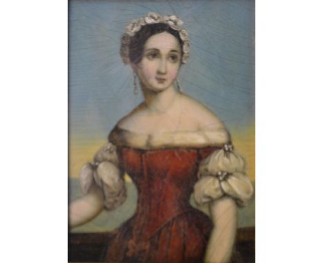 A carved giltwood framed 19th century oil on board, portrait of a Victorian woman in a red dress with flower head dress. Unsi