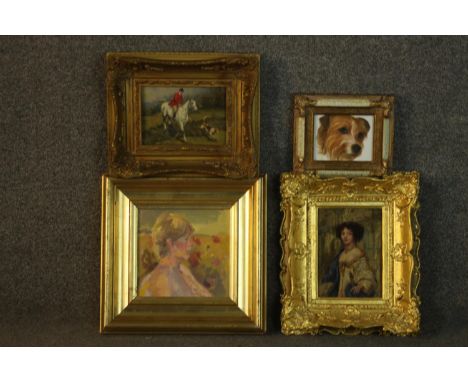 Four gilt framed oil on boards, various subjects including a hunting scene signed C. Harrison and a portrait of a terrier dog