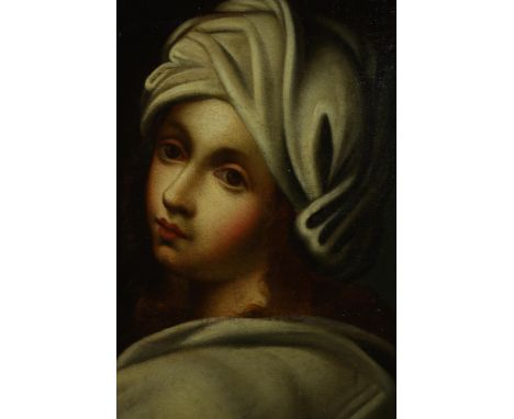 After Guido Reni (1575-1642) Portrait of Beatrice Cenci, 19th century oil on board, bearing label. H.50 W.56cm. 