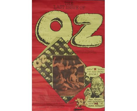 An unframed vintage advertising poster - The last issue of Oz - featuring bold lettering that reads OZ, a magazine cover with