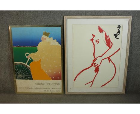 Two framed and glazed prints. A vintage exhibition poster for Thom de Jong along with print of a nude, with label reading Rud