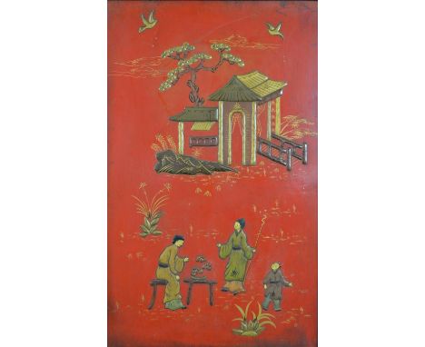 A Chinese red lacquered panel, decorated with three figures before a building, with birds to the sky, in a black lacquered fr