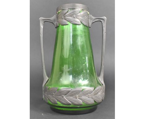 An Art Nouveau Green Glass and Pewter Two Handled Vase, Foliate Decoration, 22cms high 