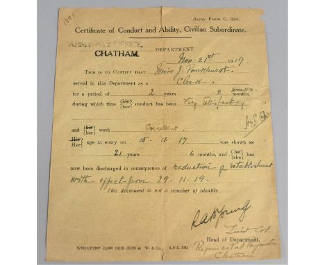 A 1919 Certificate of Conduct and Ability, Civilian Subordinate Issued by The Army Pay Office, Chatham 