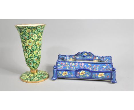 A French Les Bleus de Louvière Porcelain Desk Stand, 28cm wide Together with a French Longwy Vase, 25cm high 