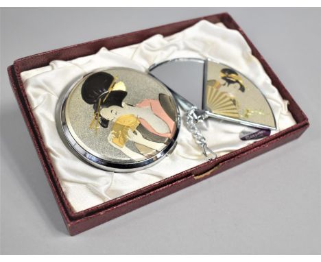 A Vintage Japanese Powder Compact and Mirror in the Form of a Fan by Elegance 