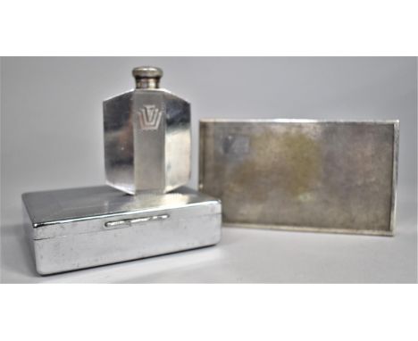 Two Cigarette Boxes, One with Engine Turned Decoration to Hinged Lid together with a Silver Plated Britannia Metal Hip Flask 