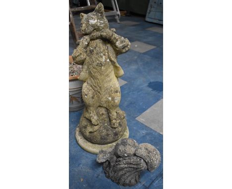A Reconstituted Stone Garden ornament, Cat Playing Pipe together with a Small Squirrel 