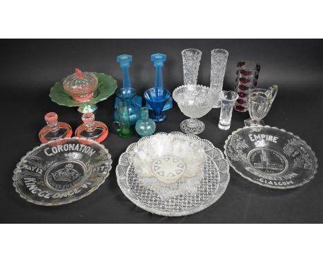 A Collection of Various Glassware to include Commemorative Bowls, Footed Bowl, Blue Glass Candlestick Etc 